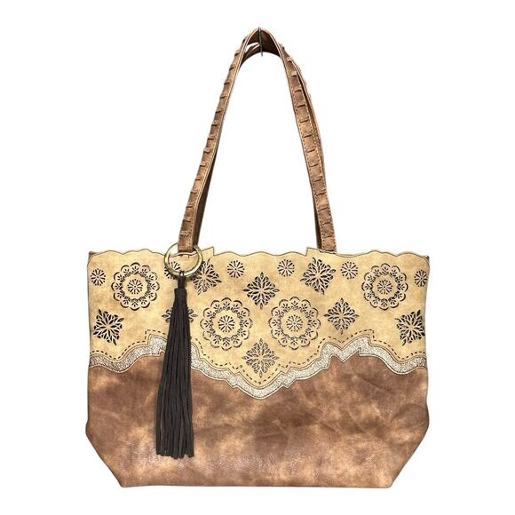 Catchfly Mandala Filigree Concealed Carry Handbag Shoulder Tote Boho Tassel Tan - Picture 2 of 16